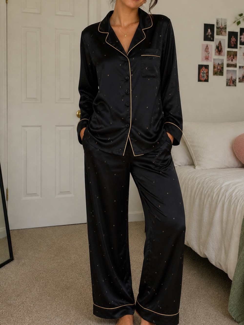 Cabernet Black Womens Satin Pajama Set button top medium